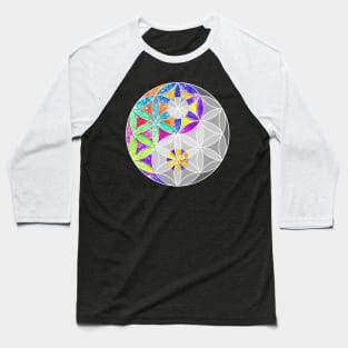 Rainbow Geometric Circle Flower Mandala - Yin Yang White Baseball T-Shirt